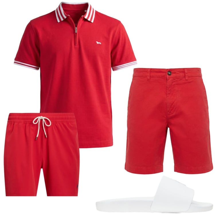 Outfit uomo - Total look #2416146. Stile Trendy per Mare. Abbinamento con bermuda, polo, sandali, costumi.