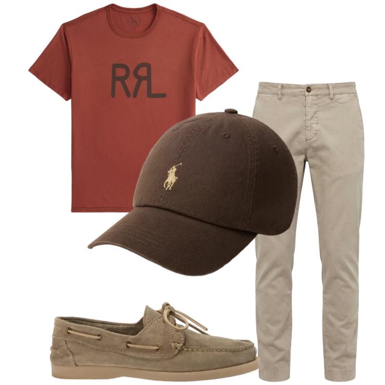 Outfit uomo - Total look #2416147. Stile Casual per Tutti i giorni. Abbinamento con pantaloni chino, scarpe stringate, t-shirt, cappelli con visiera.