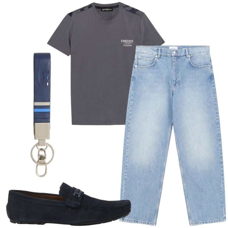 Outfit uomo - Total look #2416152. Stile Urban per Tutti i giorni. Abbinamento con jeans, portachiavi, scarpe stringate, t-shirt.
