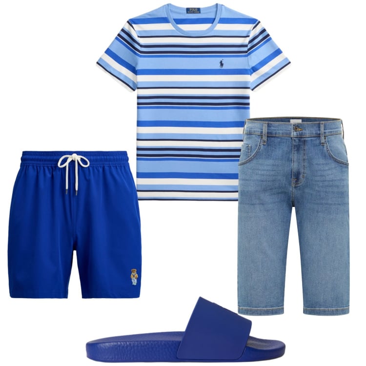 Outfit uomo - Total look #2416154. Stile Casual per Mare. Abbinamento con bermuda, costumi, t-shirt, sandali.