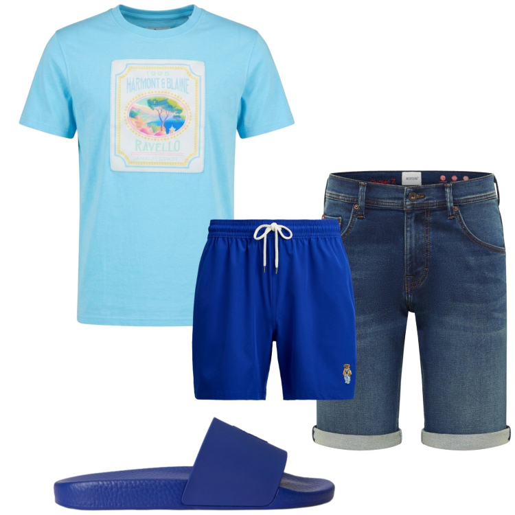 Outfit uomo - Total look #2416155. Stile Casual per Tutti i giorni. Abbinamento con bermuda, t-shirt, costumi, sandali.