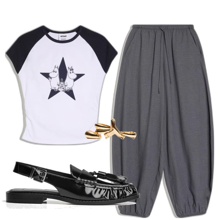 Outfit mujer - Casual chic #7921. Estilo Casual chic para Todos los días. Combinación con mocasines, pantalones, anillos, camiseta.