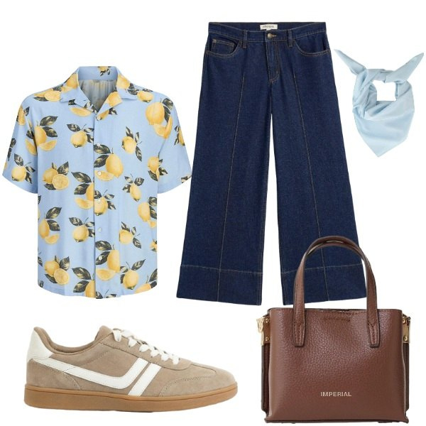 Outfit donna - Camicia e jeans. Stile Preppy per Tutti i giorni. Abbinamento con jeans, sneakers, camicie a manica corta, borse a tracolla, foulard.