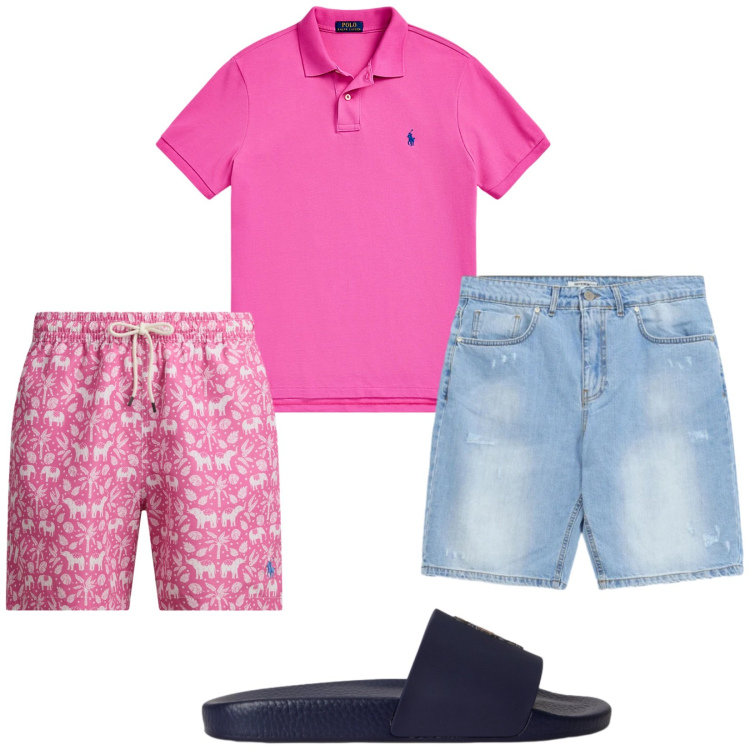 Outfit uomo - Total look #2416164. Stile Casual per Mare. Abbinamento con bermuda, sandali, polo, costumi.