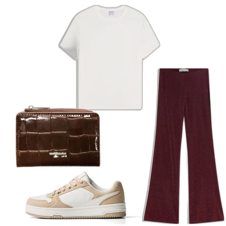 Outfit mujer - Casual look. Estilo Casual para Todos los días. Combinación con pantalones, camiseta, monederos, sneakers.