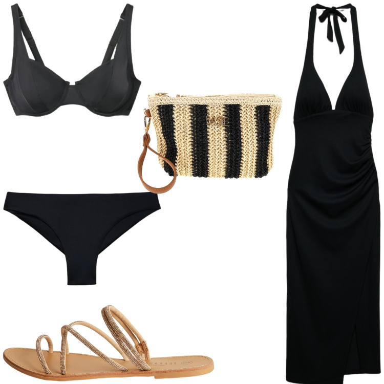 Outfit donna - Beachwear. Stile Chic per Mare. Abbinamento con bikini, vestiti midi/longuette, sandali, bikini, pochette.