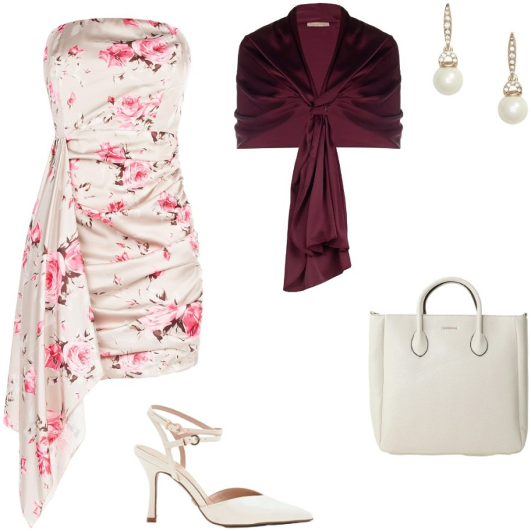 Outfit donna - Flowers. Stile Chic per Cerimonia. Abbinamento con stole, décolleté, vestiti corti, borse a tracolla, orecchini.