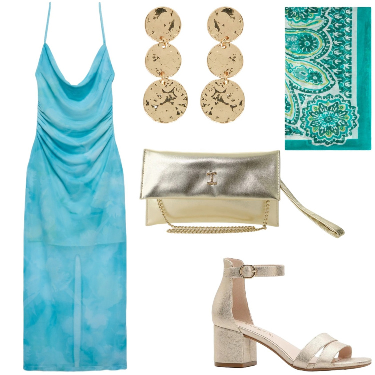 Outfit donna - Abito azzurro. Stile Casual chic per Serata fuori. Abbinamento con sandali col tacco, vestiti lunghi, borse a tracolla, foulard, orecchini.