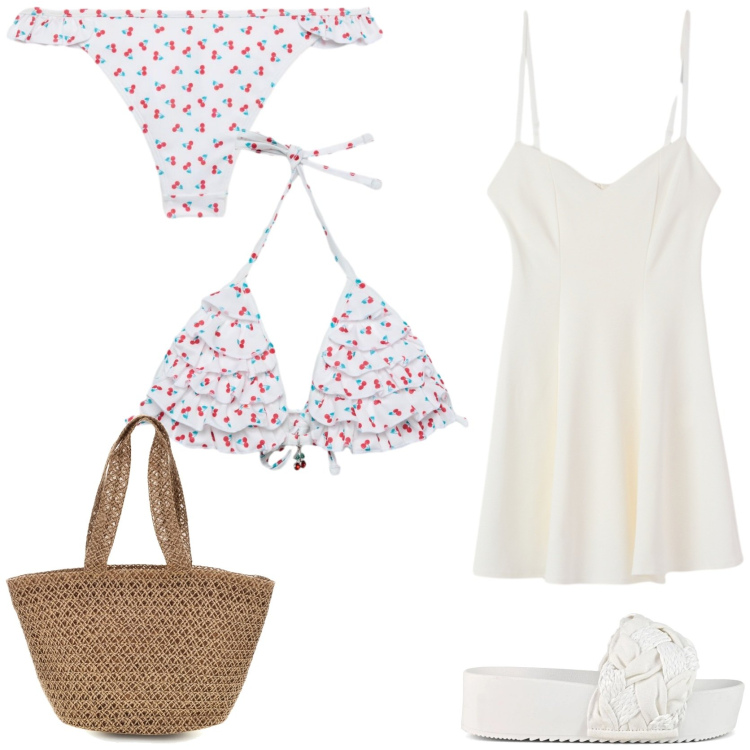 Outfit donna - Dalla spiaggia all\' aperitivo. Stile Romantica per Mare. Abbinamento con vestiti corti, bikini, bikini, ciabatte, borse a spalla.