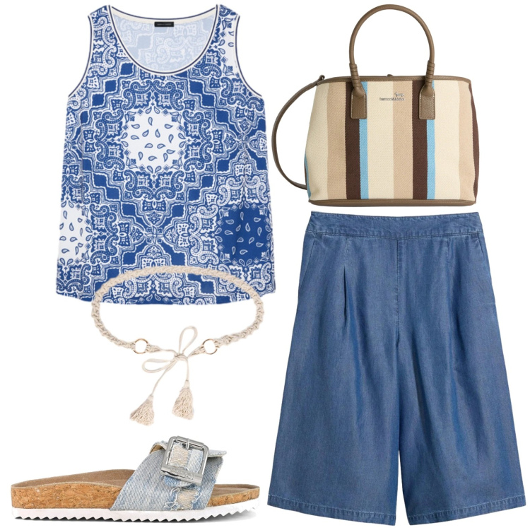 Outfit donna - Al mare. per Mare. Abbinamento con bermuda, shopping bag, cinture, top, sandali.