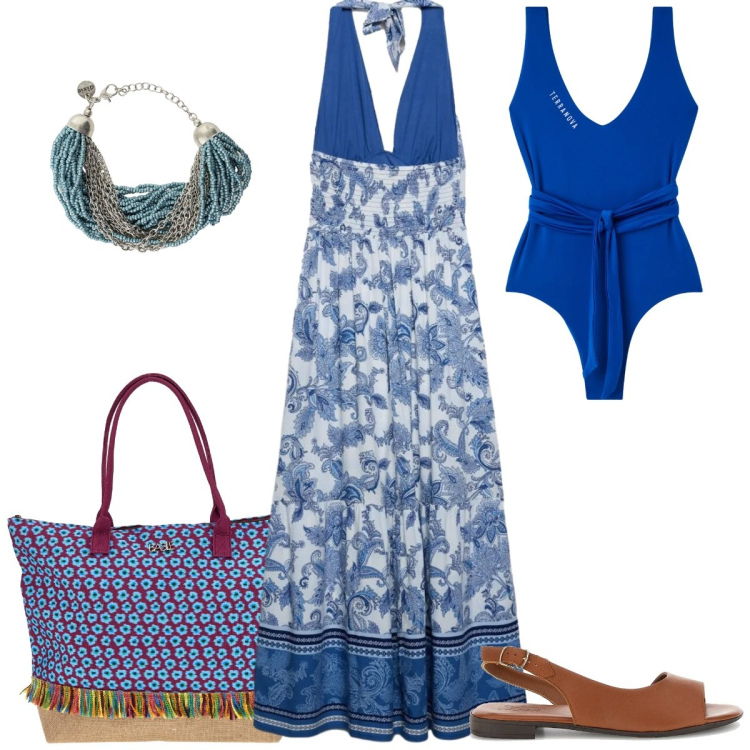 Outfit donna - Less strap, more style. Stile Boho per Mare. Abbinamento con costumi interi, vestiti lunghi, braccialetti, sandali in pelle, borse a spalla.