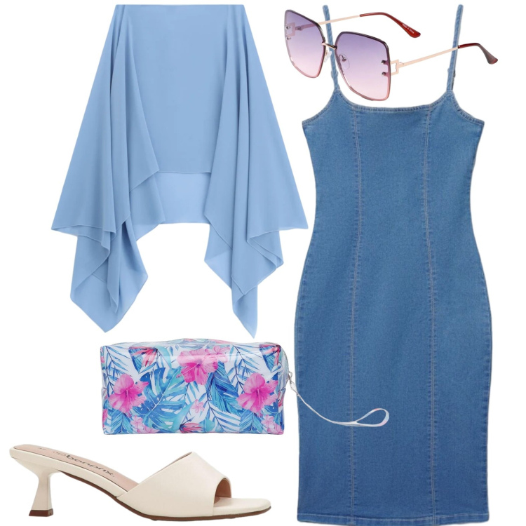 Outfit donna - Mattina e sera. Stile Casual chic per Tutti i giorni. Abbinamento con ciabatte, occhiali da sole, vestiti midi/longuette, valigie, cappe.