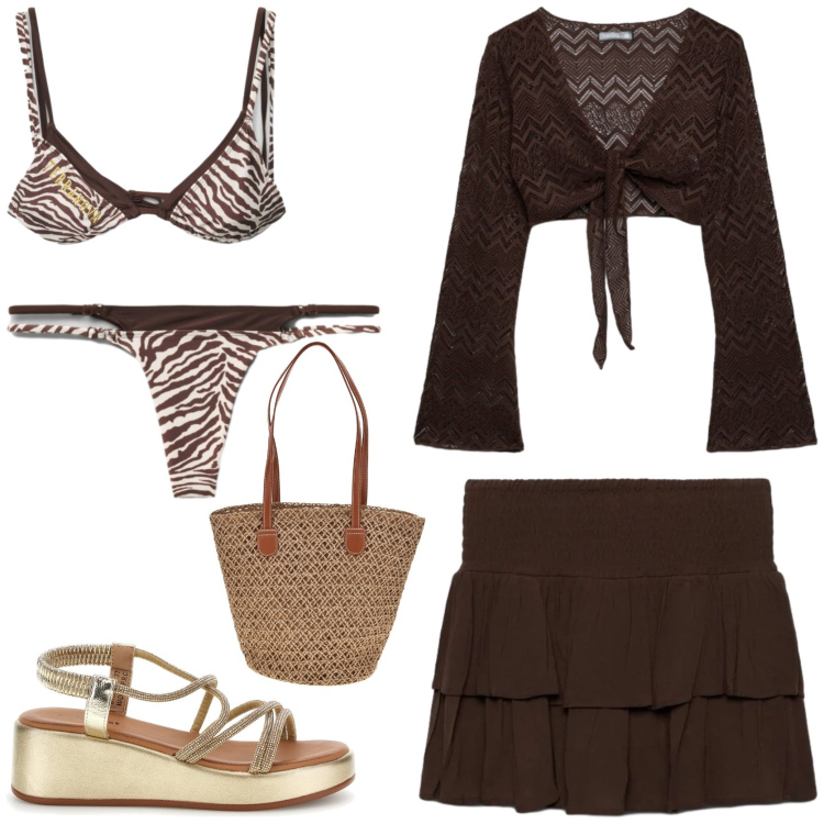 Outfit donna - Mare boho chic. Stile Boho per Mare. Abbinamento con top, minigonne, bikini, bikini, borse a spalla, sandali.