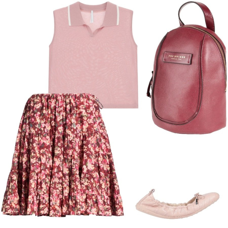 Outfit donna - Mattine calde. Stile Romantica per Tutti i giorni. Abbinamento con ballerine, zaini, minigonne, canottiere.