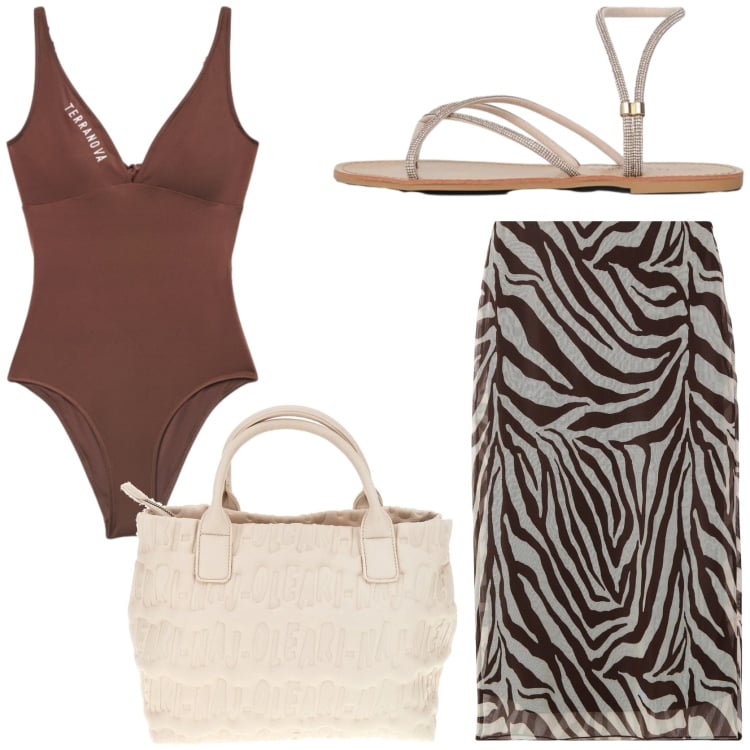 Outfit donna - Beachwear. Stile Chic per Mare. Abbinamento con gonne lunghe, costumi interi, sandali, borse a mano.