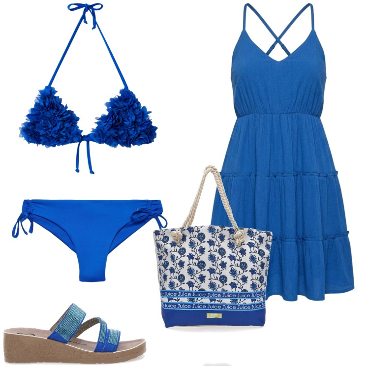 Outfit donna - Blu elettrico. Stile Glamour per Mare. Abbinamento con bikini, vestiti corti, bikini, ciabatte, shopping bag.