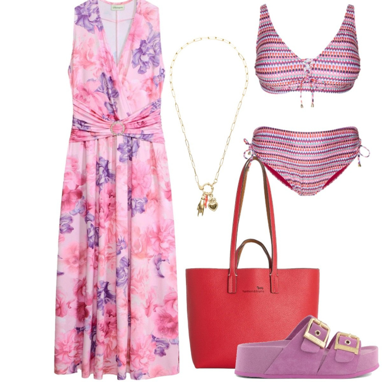 Outfit donna - Colori d\'estate-Focus donna Curvy. Stile Casual chic per Mare. Abbinamento con vestiti lunghi, shopping bag, ciondoli, bikini, sandali in pelle.