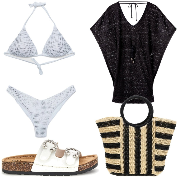Outfit donna - Luccichio al mare. Stile Glamour per Mare. Abbinamento con vestiti da spiaggia, bikini, bikini, borse a mano, ciabatte.