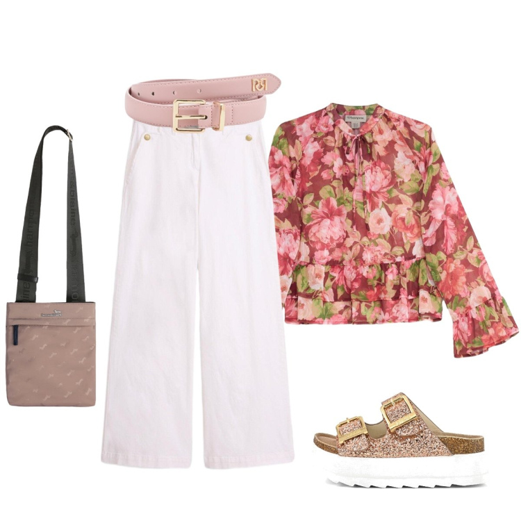 Outfit donna - Con la blusa a fiori. Stile Glamour per Ufficio. Abbinamento con pantaloni, bluse, cinture, borse a tracolla, sandali.