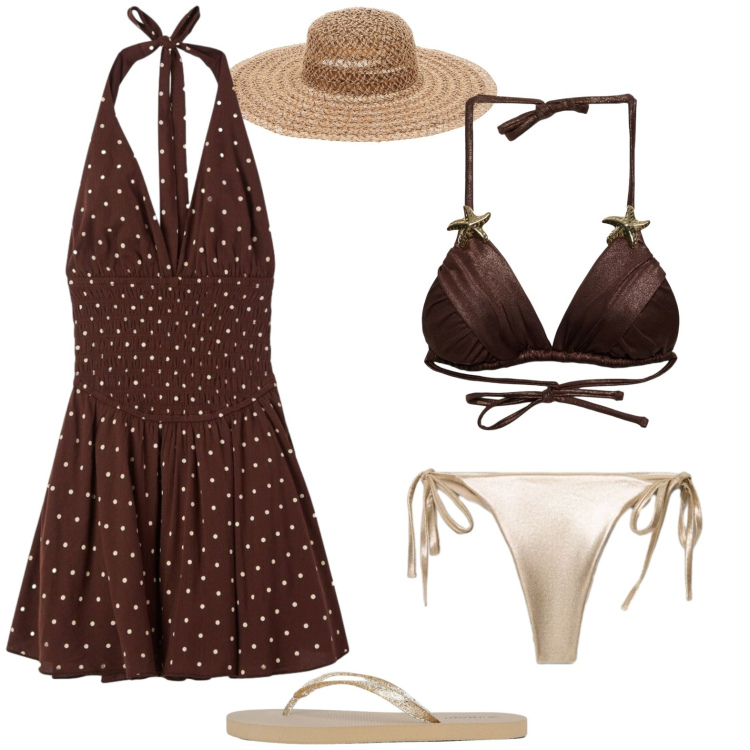 Outfit donna - Gold and chocolate @Terranovabeach. Stile Glamour per Mare. Abbinamento con bikini, vestiti corti, infradito, bikini, cappelli.