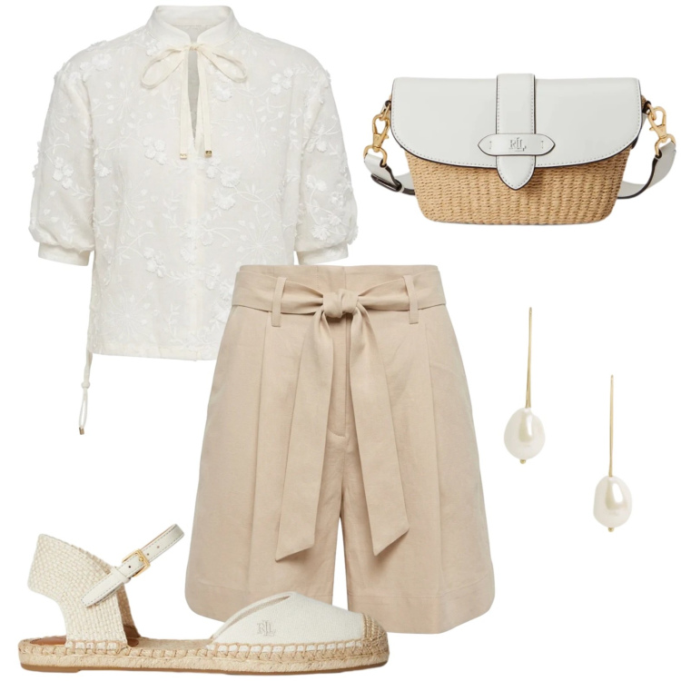 Outfit donna - Neutro e chic. Stile Chic per Tutti i giorni. Abbinamento con bluse, bermuda, espadrillas, borse a spalla, orecchini.