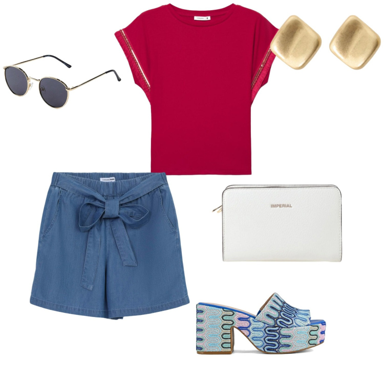 Outfit donna - Estate. per Mare. Abbinamento con occhiali da sole, shorts, t-shirt, borse a tracolla, orecchini, sabot.