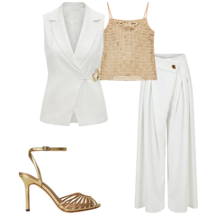 Outfit donna - Eleganza da protagonista. Stile Chic per Cerimonia. Abbinamento con pantaloni a palazzo, canottiere, gilet, sandali in pelle.