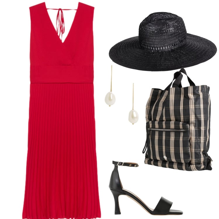 Outfit donna - Estate. per Serata fuori. Abbinamento con cappelli, zaini, sandali col tacco, vestiti midi/longuette, orecchini.