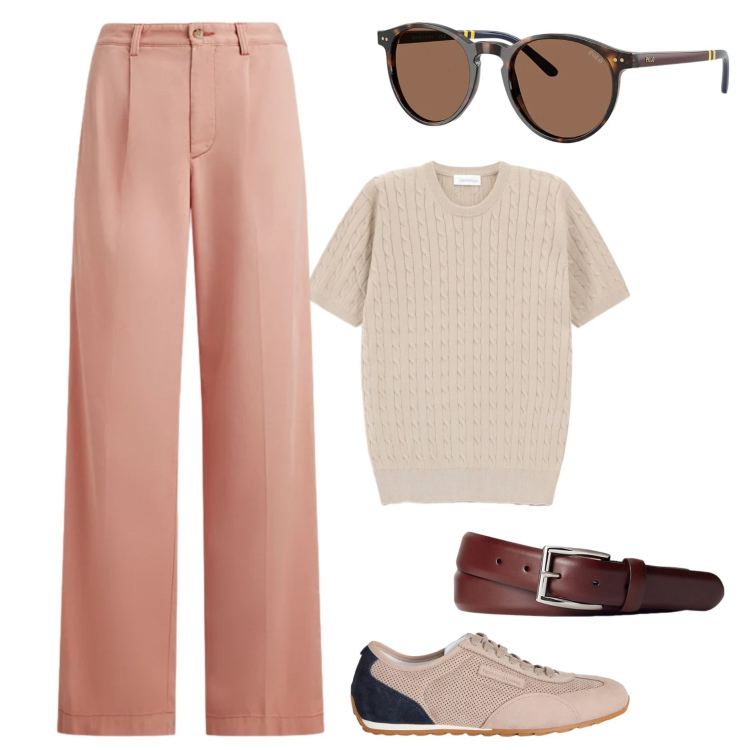 Outfit uomo - Passeggiata al tramonto. Stile Trendy per Tutti i giorni. Abbinamento con t-shirt, sneakers, cinture, occhiali da sole, pantaloni.