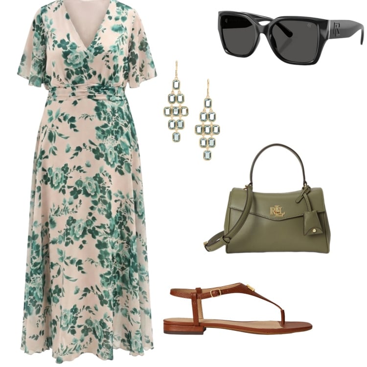 Outfit donna - Estate. per Tutti i giorni. Abbinamento con vestiti lunghi, occhiali da sole, sandali in pelle, borse a mano, orecchini.