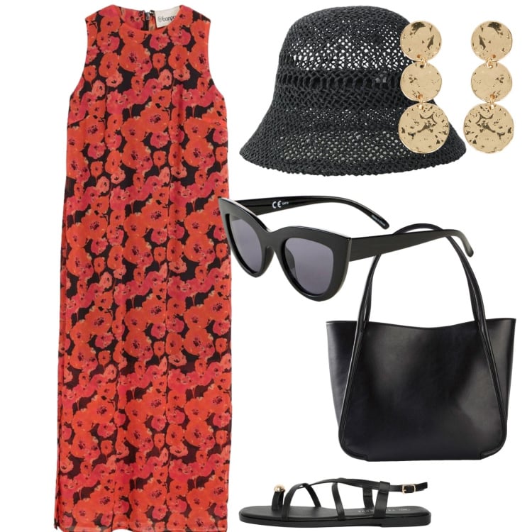 Outfit donna - Estate. per Tutti i giorni. Abbinamento con shopping bag, occhiali da sole, vestiti lunghi, sandali, cappelli, orecchini.