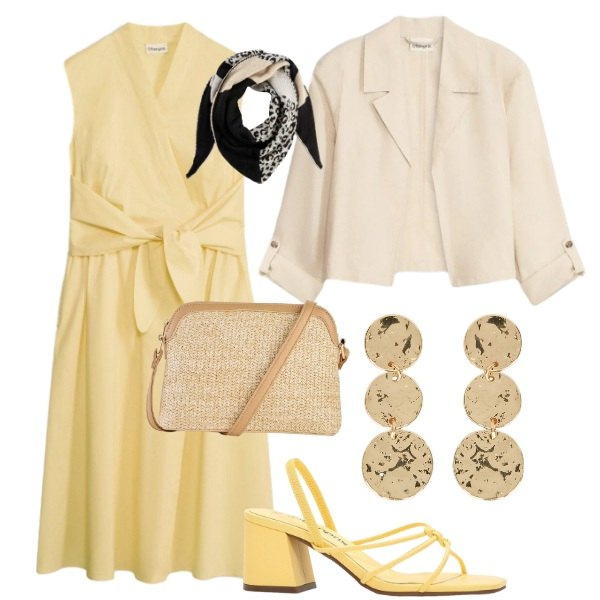 Outfit donna - Total look #2416213. Stile Chic per Serata fuori. Abbinamento con sandali col tacco, foulard, blazer, vestiti, borse a tracolla, orecchini.