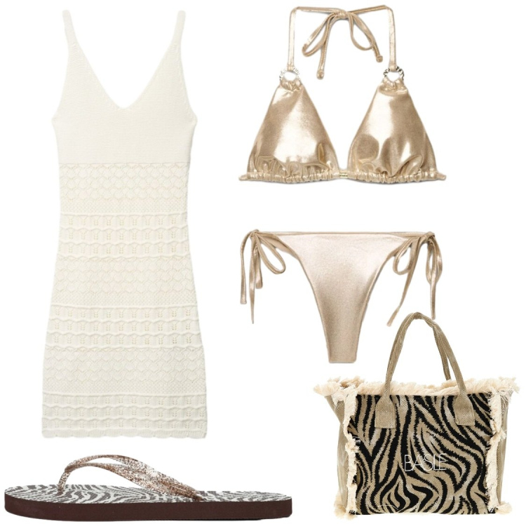 Outfit donna - Riflessi dorati sotto il sole. Stile Glamour per Mare. Abbinamento con infradito, bikini, bikini, vestiti corti, borse a spalla.