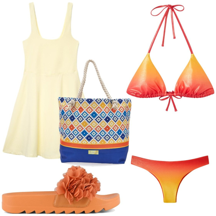 Outfit donna - Evviva i colori. Stile Chic per Mare. Abbinamento con vestiti corti, bikini, bikini, shopping bag, ciabatte.