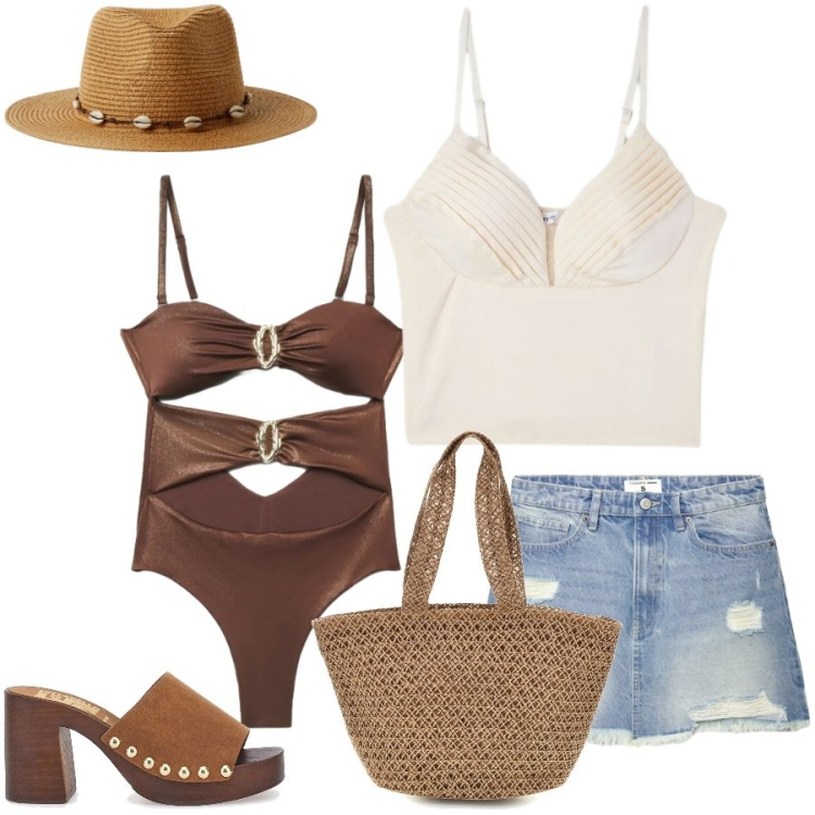 Outfit donna - Total look #2416219. Stile Casual chic per Mare. Abbinamento con cappelli, minigonne, canottiere, costumi interi, zoccoli, borse a spalla.