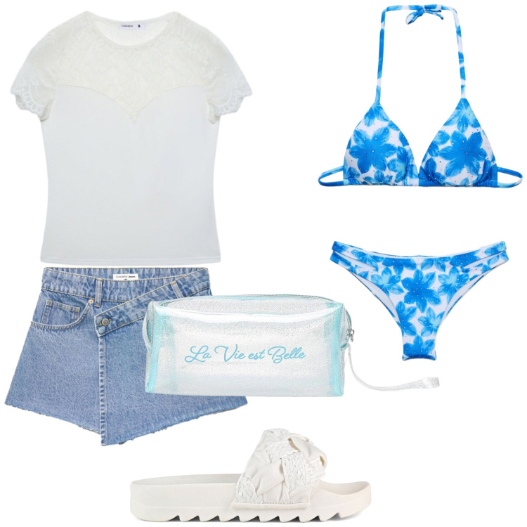 Outfit donna - Brunella al mare. Stile Casual per Mare. Abbinamento con minigonne, t-shirt, valigie, bikini, bikini, ciabatte.