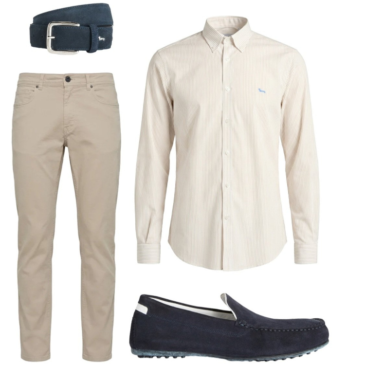 Outfit uomo - Maniche arrotolate. Stile Business/Elegante per Ufficio. Abbinamento con scarpe stringate, cinture, camicie, pantaloni.