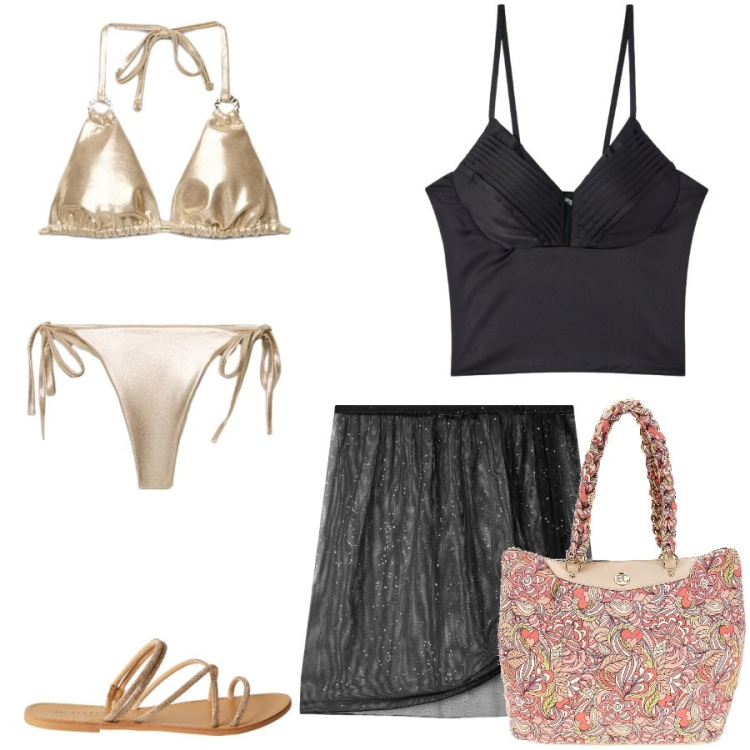 Outfit donna - Total look #2416223. Stile Casual chic per Mare. Abbinamento con sandali, vestiti da spiaggia, bikini, bikini, canottiere, borse a spalla.