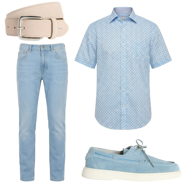 Outfit uomo - Celestiale. Stile Trendy per Ufficio. Abbinamento con cinture, jeans, scarpe stringate, camicie a manica corta.