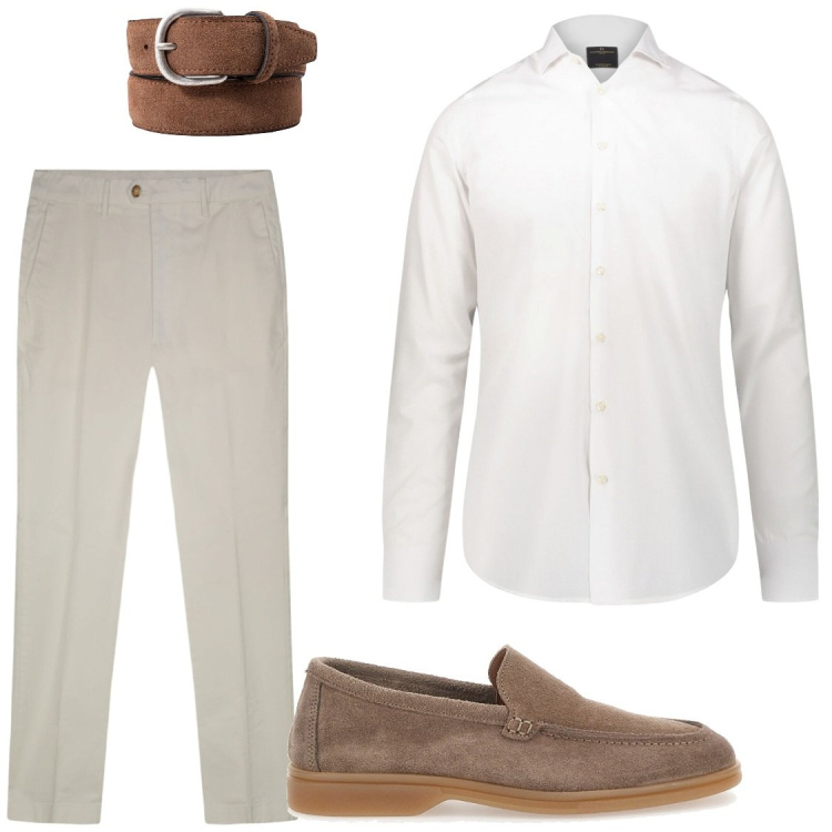 Outfit uomo - In riunione a giugno. Stile Business/Elegante per Ufficio. Abbinamento con pantaloni, camicie, cinture, scarpe stringate.