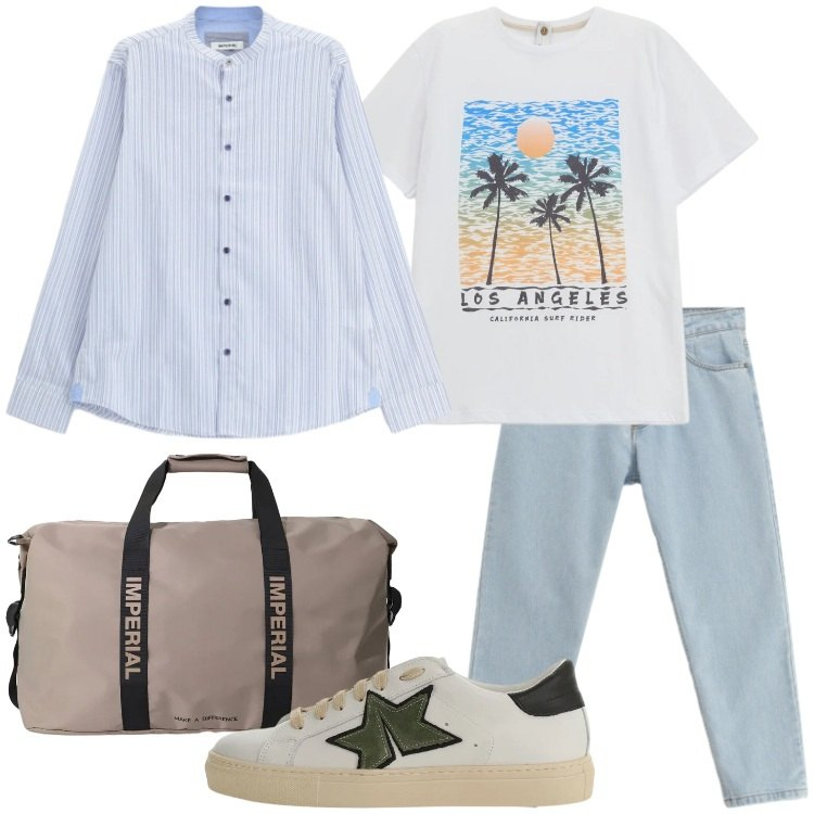 Outfit uomo - Look da weekend fuori porta. Stile Casual per Tutti i giorni. Abbinamento con t-shirt, jeans, sneakers, borse sportive, camicie.