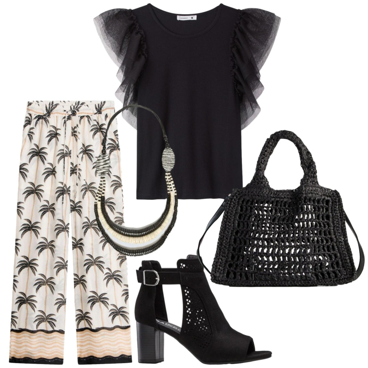 Outfit donna - Total look #2416233. Stile Glamour per Ufficio. Abbinamento con pantaloni a palazzo, sandali col tacco, borse a tracolla, t-shirt, collane.