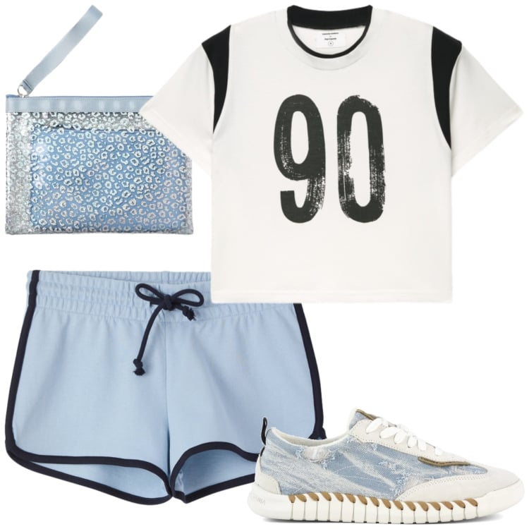 Outfit donna - Total look #2416237. Stile Sporty chic per Sport. Abbinamento con shorts, t-shirt, pochette, sneakers.