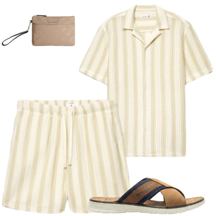 Outfit uomo - Spensierato. Stile Casual per Tutti i giorni. Abbinamento con sandali, camicie a manica corta, pantaloni corti, borse sportive.