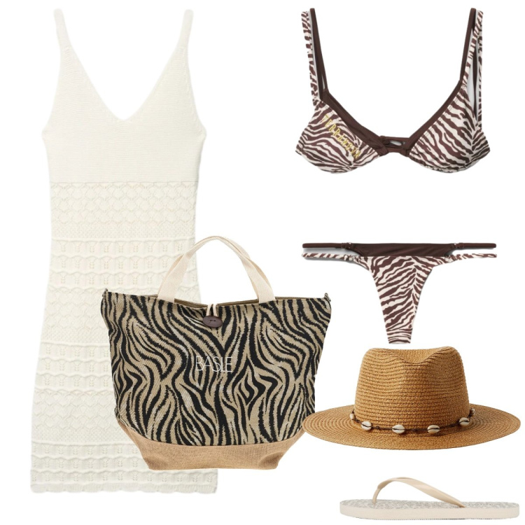 Outfit donna - Total look #2416242. Stile Sexy per Mare. Abbinamento con bikini, vestiti corti, bikini, cappelli, infradito, shopping bag.