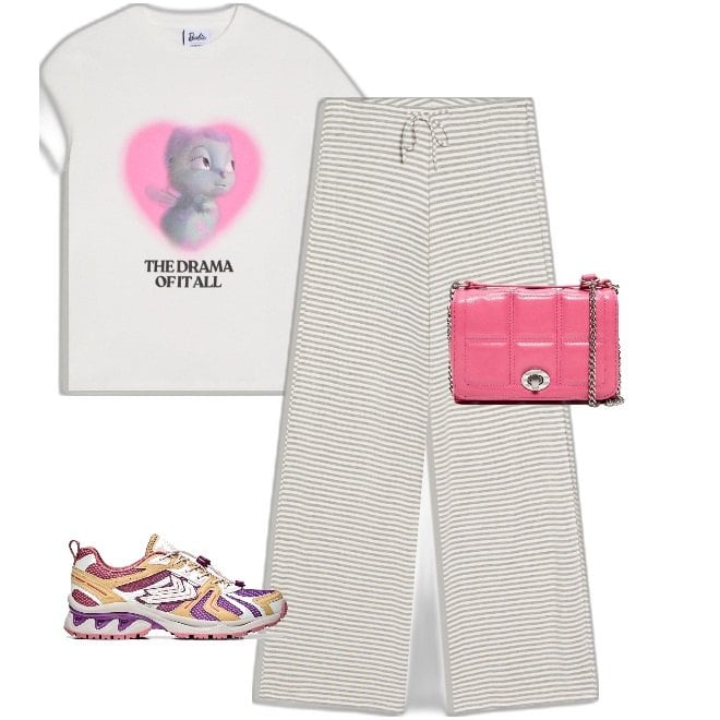 Outfit mujer - Chic #5559. Estilo Chic para Todos los días. Combinación con sneakers, camiseta, pantalones, bolsos de mano.