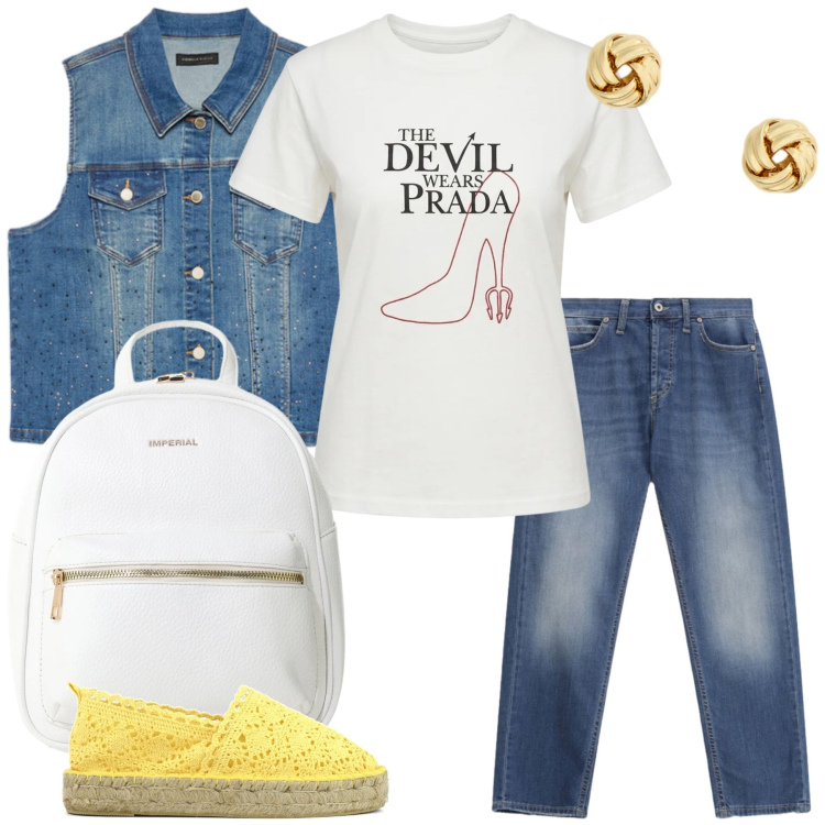 Outfit donna - Total look #2416245. Stile Casual chic per Tutti i giorni. Abbinamento con t-shirt, zaini, jeans dritti, gilet, orecchini, espadrillas.