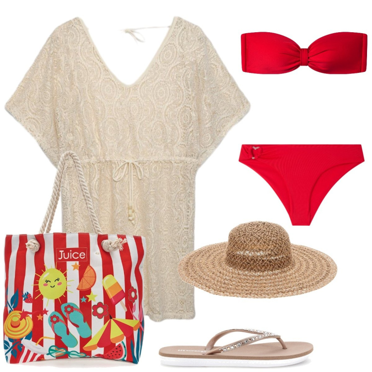 Outfit donna - Total look #2416247. Stile Romantica per Mare. Abbinamento con bikini, bikini, caftani, shopping bag, cappelli, infradito.