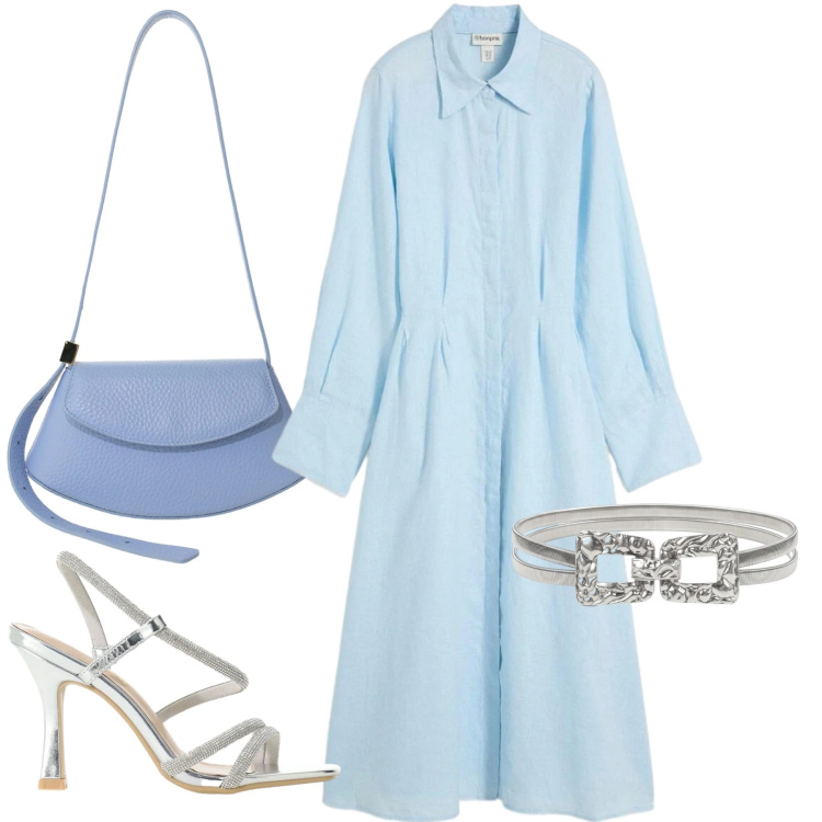 Outfit donna - Aperitivo in riva al mare. Stile Casual chic per Serata fuori. look ideale per Tall. Abbinamento con vestiti chemisier, sandali col tacco, borse a spalla, cinture.