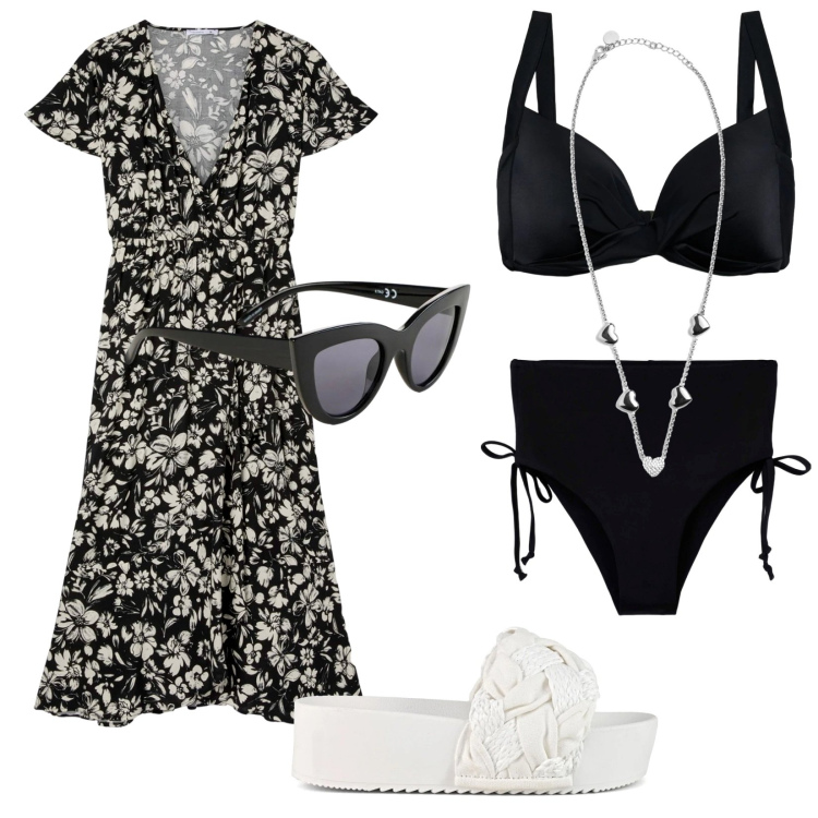 Outfit donna - Total look #2416249. Stile Vintage retrò per Mare. Abbinamento con occhiali da sole, bikini, vestiti lunghi, bikini, collane, ciabatte.